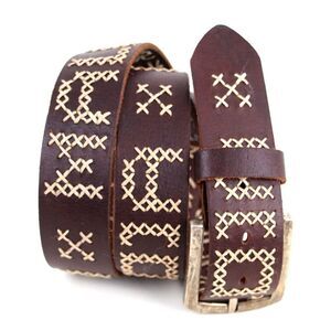 EMBROIDERED BROWN GENUINE LEATHER 1 3/8"Wd CASUAL DRESS MEN'S BELT Sz 38 (X33